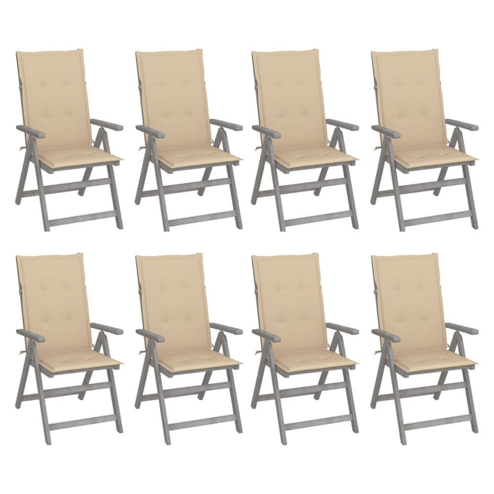 Vidaxl Záhradné sklápacie stoličky+podložky 8 ks, sivé, akáciové drevo